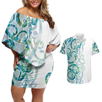 Paua Shell Maori Couples Matching Off Shoulder Short Dress and Hawaiian Shirt Koru Kowhaiwhai - Polynesian Pride