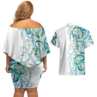 Paua Shell Maori Couples Matching Off Shoulder Short Dress and Hawaiian Shirt Koru Kowhaiwhai - Polynesian Pride