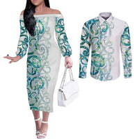 Paua Shell Maori Couples Matching Off The Shoulder Long Sleeve Dress and Long Sleeve Button Shirt Koru Kowhaiwhai - Polynesian Pride