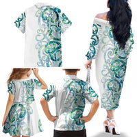 Paua Shell Maori Family Matching Off The Shoulder Long Sleeve Dress and Hawaiian Shirt Koru Kowhaiwhai - Polynesian Pride
