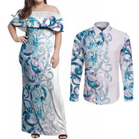 Turquoise Paua Shell Maori Couples Matching Off Shoulder Maxi Dress and Long Sleeve Button Shirt Koru Kowhaiwhai LT7 White - Polynesian Pride