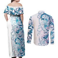 Turquoise Paua Shell Maori Couples Matching Off Shoulder Maxi Dress and Long Sleeve Button Shirt Koru Kowhaiwhai LT7 - Polynesian Pride