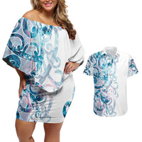 Turquoise Paua Shell Maori Couples Matching Off Shoulder Short Dress and Hawaiian Shirt Koru Kowhaiwhai - Polynesian Pride