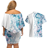 Turquoise Paua Shell Maori Couples Matching Off Shoulder Short Dress and Hawaiian Shirt Koru Kowhaiwhai - Polynesian Pride
