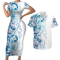 Turquoise Paua Shell Maori Couples Matching Short Sleeve Bodycon Dress and Hawaiian Shirt Koru Kowhaiwhai - Polynesian Pride