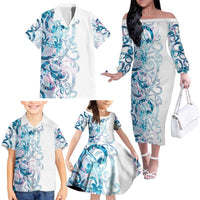 Turquoise Paua Shell Maori Family Matching Off The Shoulder Long Sleeve Dress and Hawaiian Shirt Koru Kowhaiwhai - Polynesian Pride