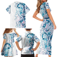 Turquoise Paua Shell Maori Family Matching Short Sleeve Bodycon Dress and Hawaiian Shirt Koru Kowhaiwhai - Polynesian Pride