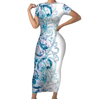 Turquoise Paua Shell Maori Family Matching Short Sleeve Bodycon Dress and Hawaiian Shirt Koru Kowhaiwhai - Polynesian Pride