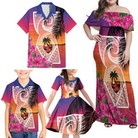Guam Chamorro Family Matching Off Shoulder Maxi Dress and Hawaiian Shirt Artsy Latte Stone