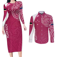 Personalised New Zealand Rugby Couples Matching Long Sleeve Bodycon Dress and Long Sleeve Button Shirt Aotearoa Champions - Pink Version