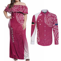 Personalised New Zealand Rugby Couples Matching Off Shoulder Maxi Dress and Long Sleeve Button Shirt Aotearoa Champions - Pink Version