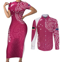 Personalised New Zealand Rugby Couples Matching Short Sleeve Bodycon Dress and Long Sleeve Button Shirt Aotearoa Champions - Pink Version