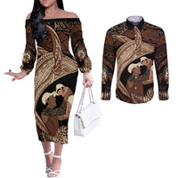 Father's Day Polynesian Pattern Couples Matching Off The Shoulder Long Sleeve Dress and Long Sleeve Button Shirt Tropical Humpback Whale