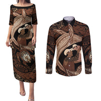 Father's Day Polynesian Pattern Couples Matching Puletasi and Long Sleeve Button Shirt Tropical Humpback Whale