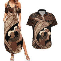 Father's Day Polynesian Pattern Couples Matching Summer Maxi Dress and Hawaiian Shirt Tropical Humpback Whale LT7 Brown - Polynesian Pride