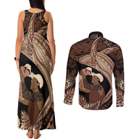 Father's Day Polynesian Pattern Couples Matching Tank Maxi Dress and Long Sleeve Button Shirt Tropical Humpback Whale