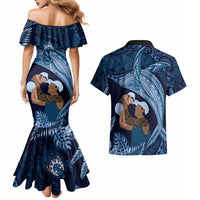 Father's Day Polynesian Pattern Couples Matching Mermaid Dress and Hawaiian Shirt Tropical Humpback Whale - Navy LT7 - Polynesian Pride