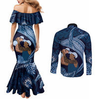 Father's Day Polynesian Pattern Couples Matching Mermaid Dress and Long Sleeve Button Shirt Tropical Humpback Whale - Navy LT7 - Polynesian Pride