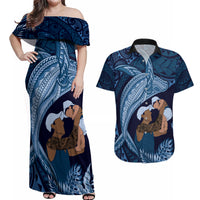 Father's Day Polynesian Pattern Couples Matching Off Shoulder Maxi Dress and Hawaiian Shirt Tropical Humpback Whale - Navy