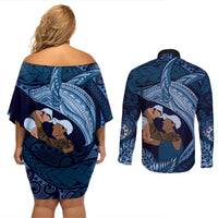 Father's Day Polynesian Pattern Couples Matching Off Shoulder Short Dress and Long Sleeve Button Shirt Tropical Humpback Whale - Navy LT7 - Polynesian Pride