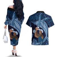 Father's Day Polynesian Pattern Couples Matching Off The Shoulder Long Sleeve Dress and Hawaiian Shirt Tropical Humpback Whale - Navy