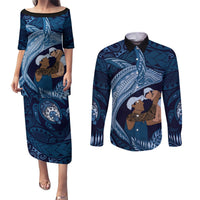 Father's Day Polynesian Pattern Couples Matching Puletasi and Long Sleeve Button Shirt Tropical Humpback Whale - Navy LT7 Navy Blue - Polynesian Pride