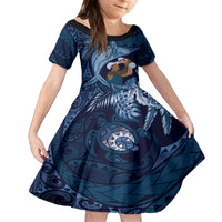Father's Day Polynesian Pattern Family Matching Tank Maxi Dress and Hawaiian Shirt Tropical Humpback Whale - Navy LT7 Daughter's Dress Navy Blue - Polynesian Pride