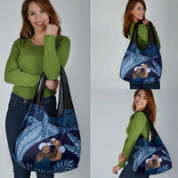 Father's Day Polynesian Pattern Grocery Bag Tropical Humpback Whale - Navy