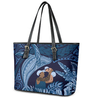 Father's Day Polynesian Pattern Leather Tote Bag Tropical Humpback Whale - Navy