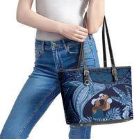 Father's Day Polynesian Pattern Leather Tote Bag Tropical Humpback Whale - Navy