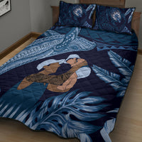 Father's Day Polynesian Pattern Quilt Bed Set Tropical Humpback Whale - Navy