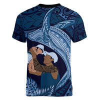 Father's Day Polynesian Pattern Women V-Neck T-Shirt Tropical Humpback Whale - Navy