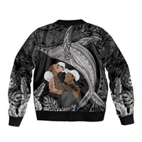 Father's Day Polynesian Pattern Bomber Jacket Tropical Humpback Whale - Black