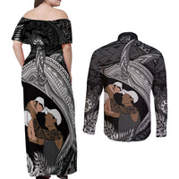 Father's Day Polynesian Pattern Couples Matching Off Shoulder Maxi Dress and Long Sleeve Button Shirt Tropical Humpback Whale - Black