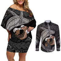 Father's Day Polynesian Pattern Couples Matching Off Shoulder Short Dress and Long Sleeve Button Shirt Tropical Humpback Whale - Black LT7 Black - Polynesian Pride