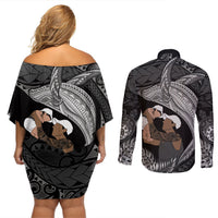 Father's Day Polynesian Pattern Couples Matching Off Shoulder Short Dress and Long Sleeve Button Shirt Tropical Humpback Whale - Black LT7 - Polynesian Pride