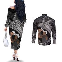 Father's Day Polynesian Pattern Couples Matching Off The Shoulder Long Sleeve Dress and Long Sleeve Button Shirt Tropical Humpback Whale - Black