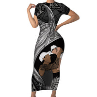 Father's Day Polynesian Pattern Family Matching Short Sleeve Bodycon Dress and Hawaiian Shirt Tropical Humpback Whale - Black