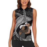Father's Day Polynesian Pattern Women Sleeveless Polo Shirt Tropical Humpback Whale - Black
