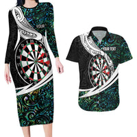 Personalized NZ Darts Couples Matching Long Sleeve Bodycon Dress and Hawaiian Shirt Paua Shell Maori Koru Whakairo - Polynesian Pride