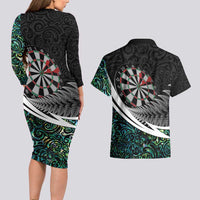 Personalized NZ Darts Couples Matching Long Sleeve Bodycon Dress and Hawaiian Shirt Paua Shell Maori Koru Whakairo - Polynesian Pride