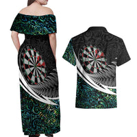 Personalized NZ Darts Couples Matching Off Shoulder Maxi Dress and Hawaiian Shirt Paua Shell Maori Koru Whakairo - Polynesian Pride