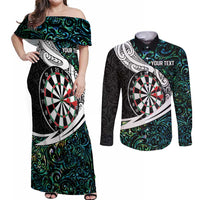 Personalized NZ Darts Couples Matching Off Shoulder Maxi Dress and Long Sleeve Button Shirt Paua Shell Maori Koru Whakairo - Polynesian Pride