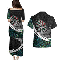 Personalized NZ Darts Couples Matching Puletasi and Hawaiian Shirt Paua Shell Maori Koru Whakairo - Polynesian Pride