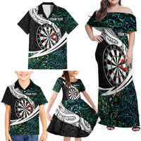 Personalized NZ Darts Family Matching Off Shoulder Maxi Dress and Hawaiian Shirt Paua Shell Maori Koru Whakairo - Polynesian Pride