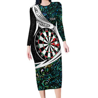 Personalized NZ Darts Long Sleeve Bodycon Dress Paua Shell Maori Koru Whakairo - Polynesian Pride