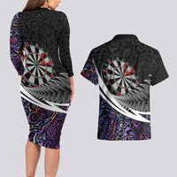 Personalized NZ Darts Couples Matching Long Sleeve Bodycon Dress and Hawaiian Shirt Paua Shell Maori Koru Whakairo - Purple - Polynesian Pride