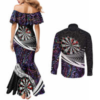 Personalized NZ Darts Couples Matching Mermaid Dress and Long Sleeve Button Shirt Paua Shell Maori Koru Whakairo - Purple - Polynesian Pride