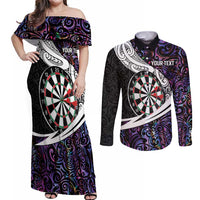 Personalized NZ Darts Couples Matching Off Shoulder Maxi Dress and Long Sleeve Button Shirt Paua Shell Maori Koru Whakairo - Purple - Polynesian Pride