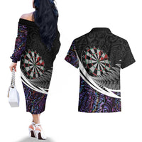 Personalized NZ Darts Couples Matching Off The Shoulder Long Sleeve Dress and Hawaiian Shirt Paua Shell Maori Koru Whakairo - Purple - Polynesian Pride